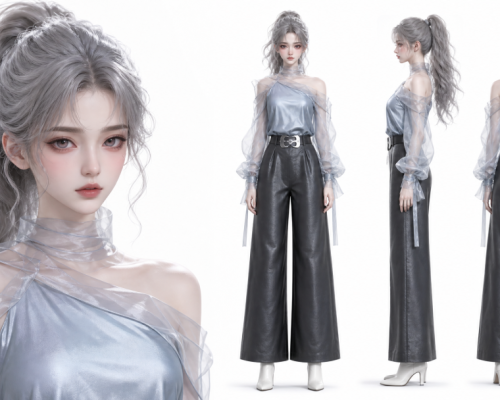 漫剧高冷女神人物设定稿，AI漫剧人物三视图提示词